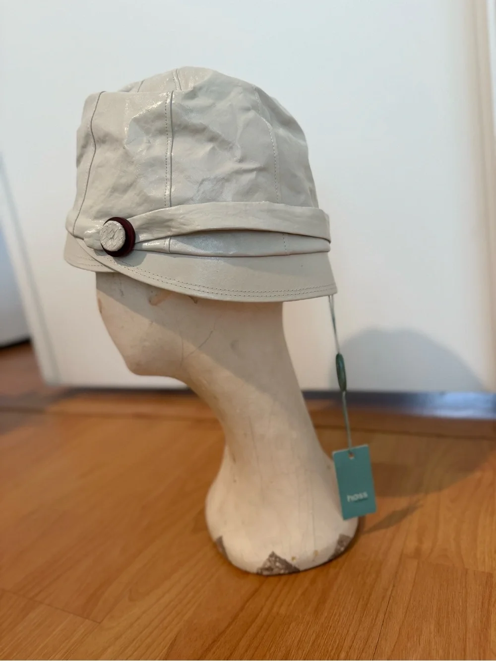 Cream Leather Women's Bucket Hat with Decorative Button